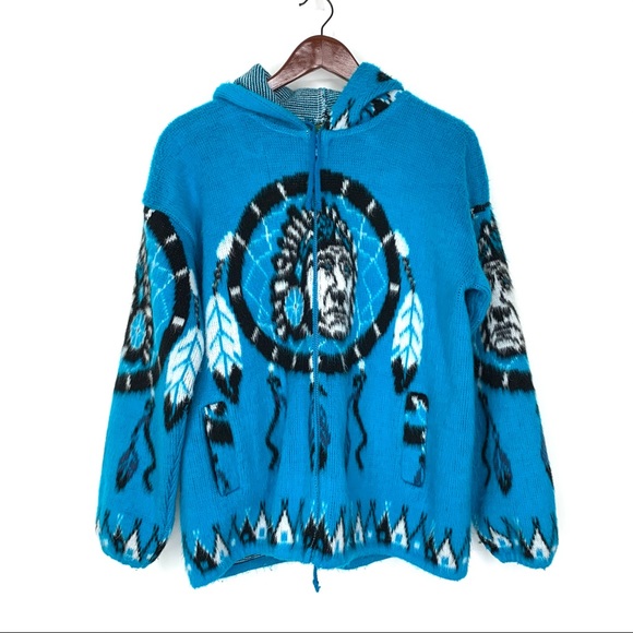 Rare Tejidos Native American Dream Catcher Blue Fluffy Wool Jacket Size M/L - Picture 1 of 14
